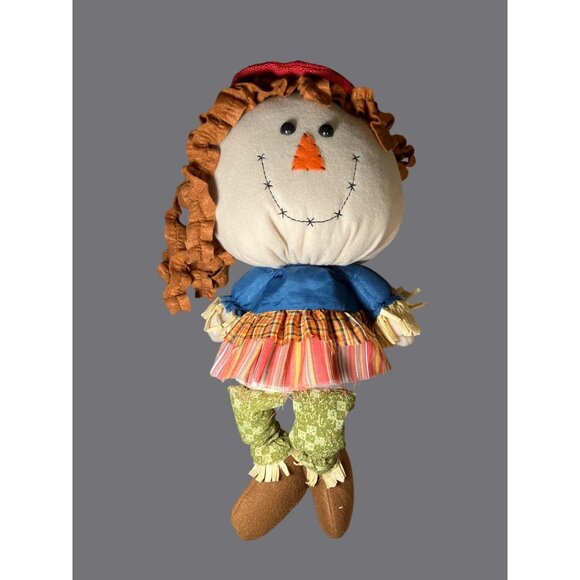 Handmade Scarecrow Plush Doll Shelf Sitter With Red Hat & Plaid Skirt Fall Decor - Picture 7 of 10